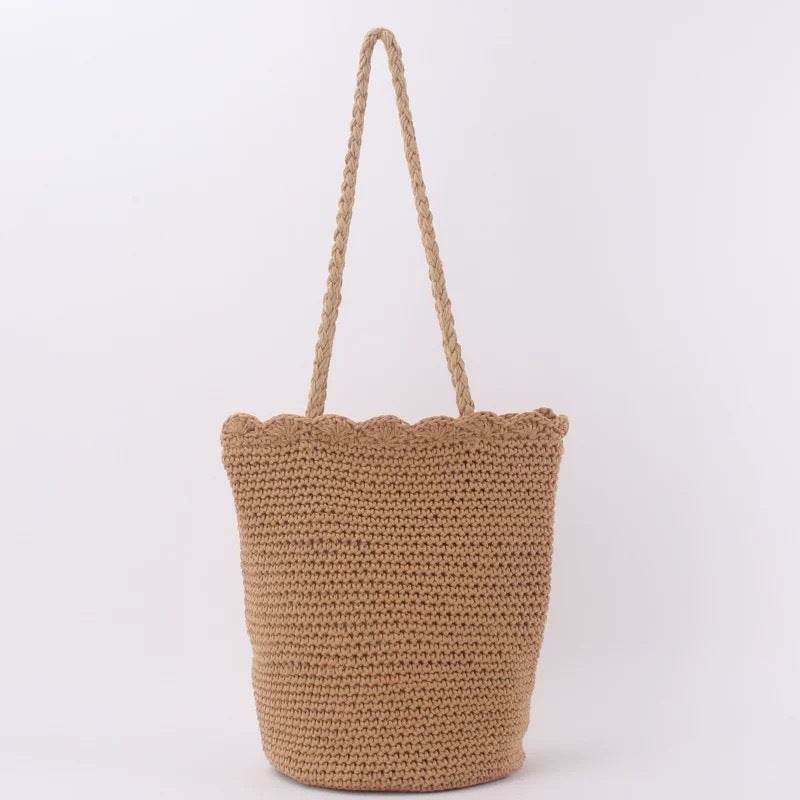 Korean style handwoven shoulder bag in natural beige with long strap and scalloped edge design