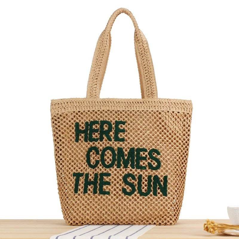 Large Handwoven English Letter Tote Bag for Women – Spacious Cotton Rope & Natural Fiber Shoulder Bag | 39cm x 41cm Travel & Daily Use One-Sake.com green khaki white off khaki-white off-green-