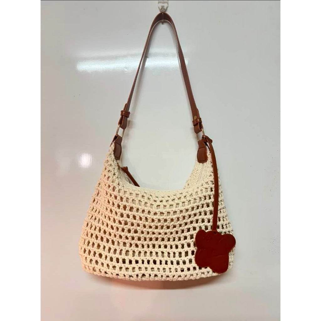 New Korean Crochet Cotton Rope Bag for Women – Handmade with Tassel Charm | Compact Crossbody Bag in 18x26cm Size One-Sake.com white off khaki white off-khaki-