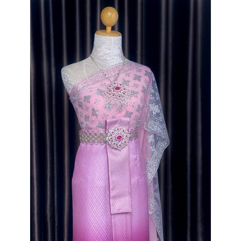 Thai Bridal Outfit Set - Soft Pastel Pink 3m Sabai & Front-Hook Han Nang Panel | Elegant Custom Size Thai Wedding Costume for Women One-Sake.com Set (2 sashes + 1 sarong) Accessories Set (2 sashes + 1 sarong)-Accessories-