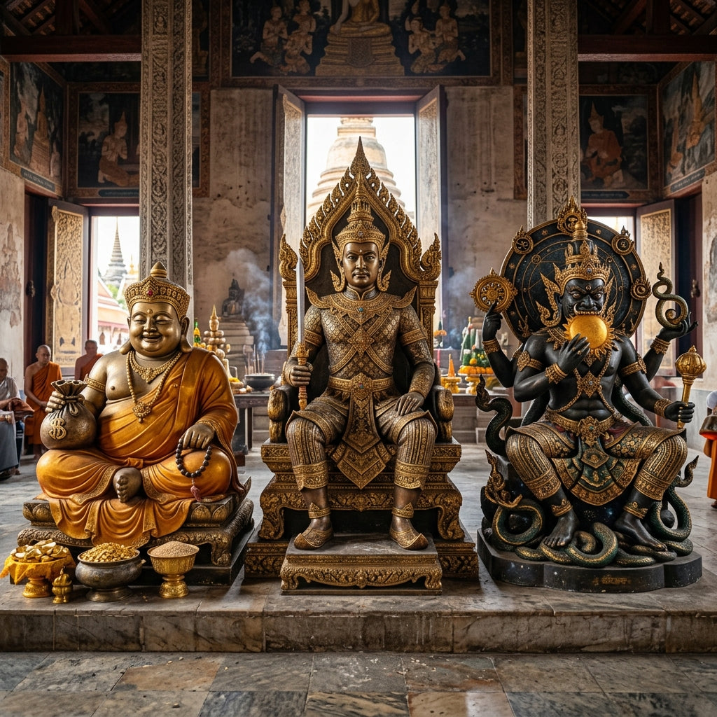 The Primordial Titans of Universal Wealth, Royal Command, and Cosmic Transmutation: Phra Sangkachai, Phra Naret, and Phra Rahu Maha Suriya