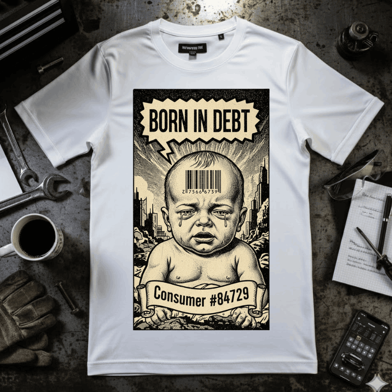 Born in Debt Shirt - Consumer Culture Satire T-Shirt - Financial Debt Awareness Tee - Vintage Comic Graphic - Sarcastic Social Commentary Gift