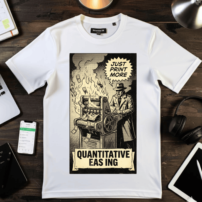 Quantitative Easing Shirt, Funny Finance T-Shirt, Just Print More Money Graphic, Vintage Economic Crisis Tee, Sarcastic Wall Street Apparel