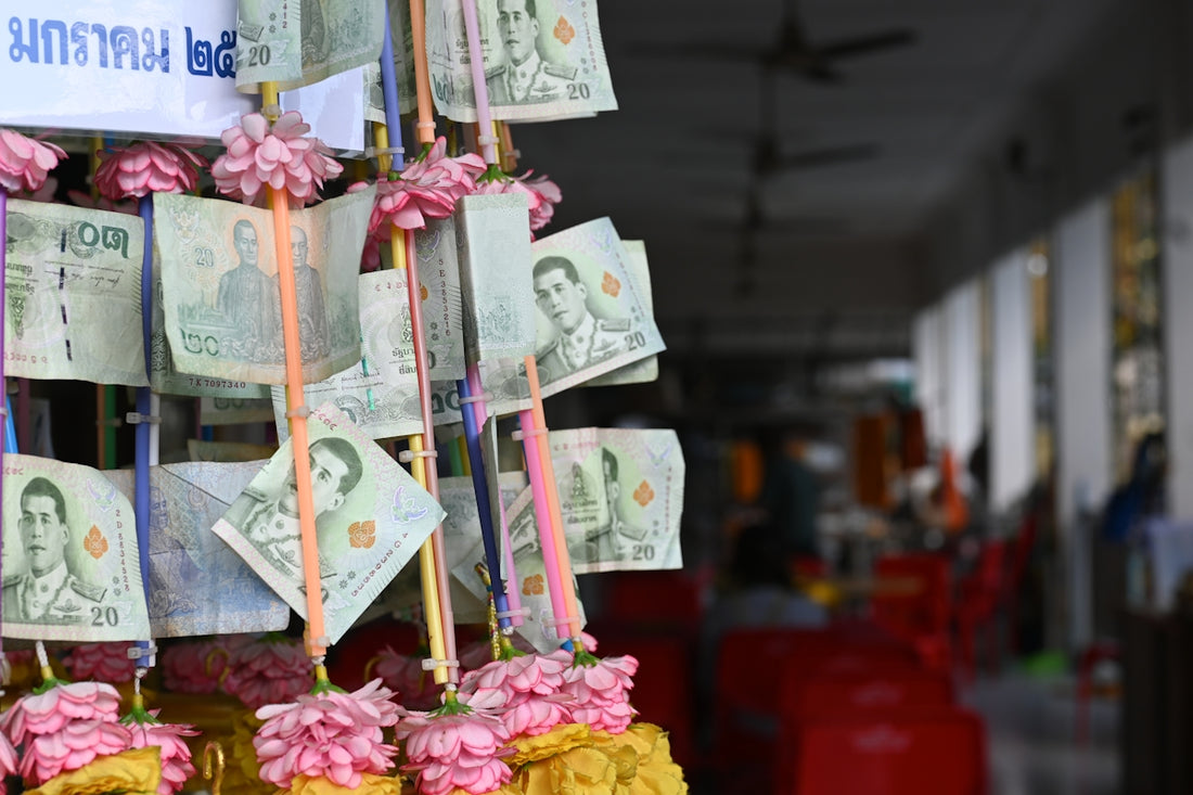 a bunch of money hanging from a ceiling