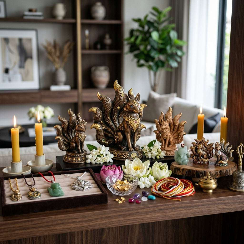 Nine-Tailed Fox Mystic Charms & Celestial Fox Art Thai Blessing Co By RURUECHA