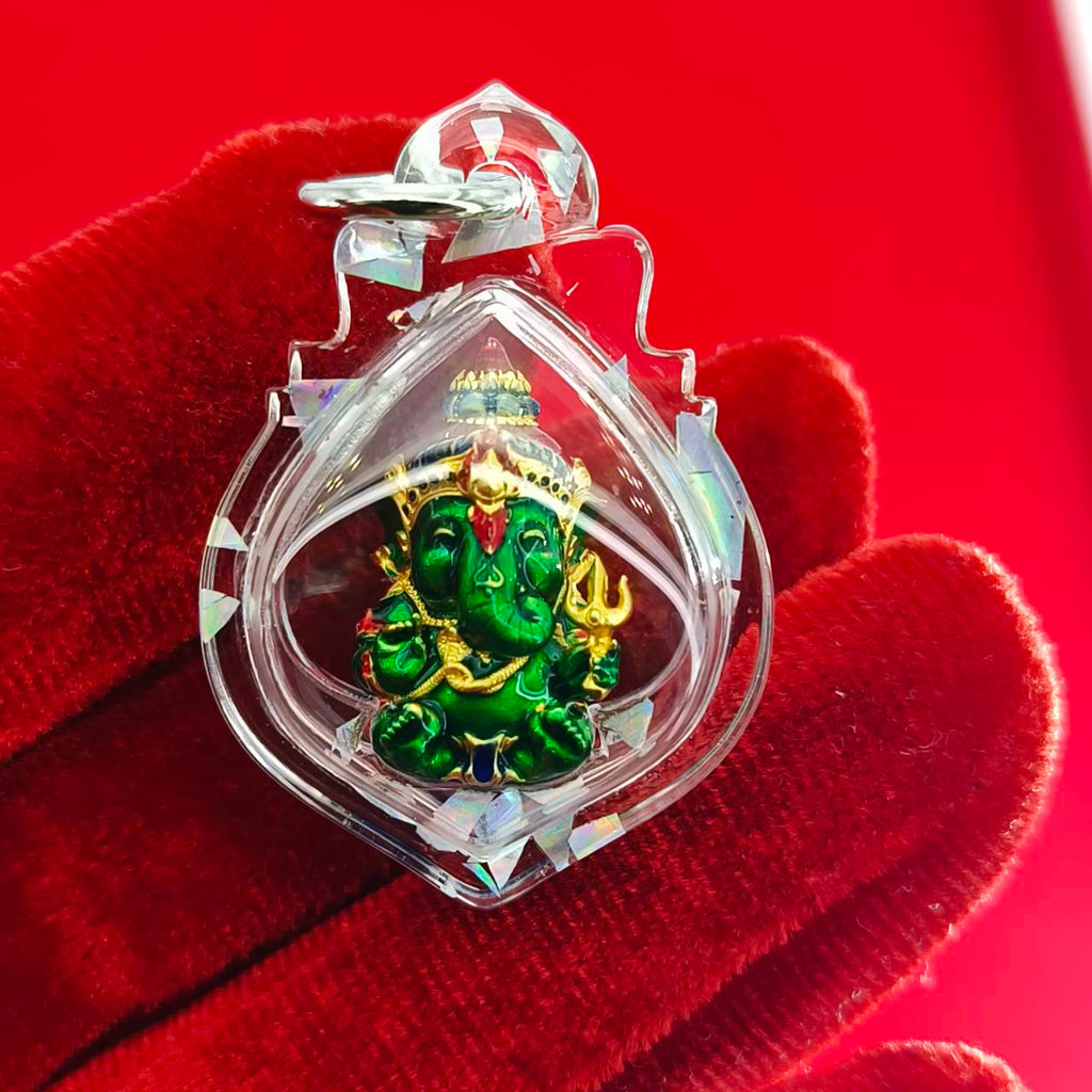 Phra Sri Siddhiya Ganapati Gold-Plated Bronze Statue with Green Enamel Finish