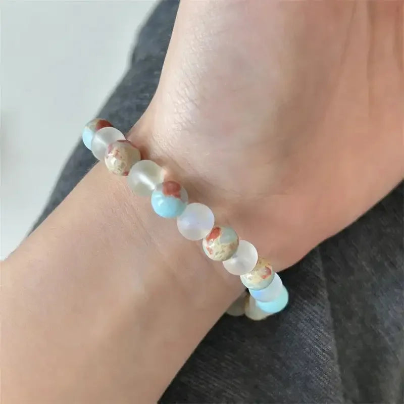 🌟 Aura Quartz & Ocean Sediment Beaded Bracelet – Unisex Homeopathic Crystal Jewelry | Brings Abundance & Prosperity