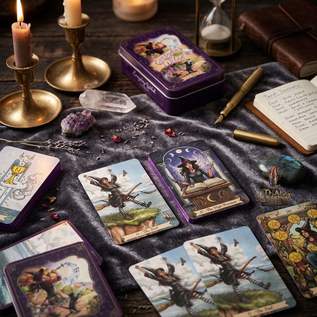 ✨ 10.3x6cm Everyday Witch Tarot In A Tin Metal Box Tarot Deck Portable Pocket Divination Fate Cards with PDF Guide Book Thai Blessing Co By RURUECHA