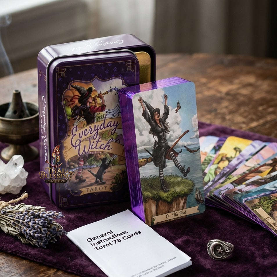 ✨ 10.3x6cm Everyday Witch Tarot In A Tin Metal Box Tarot Deck Portable Pocket Divination Fate Cards with PDF Guide Book Thai Blessing Co By RURUECHA