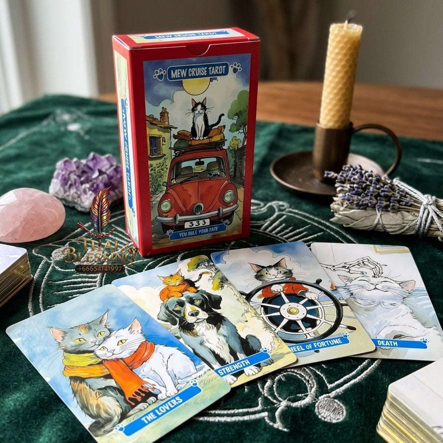 ✨ 10.3x6cm Mew Cruise Tarot Cards: 78 Tarot Cards with Cute Cat Watercolor Artwork & Divination Board Game for Cat Lovers & Beginners Thai Blessing Co By RURUECHA