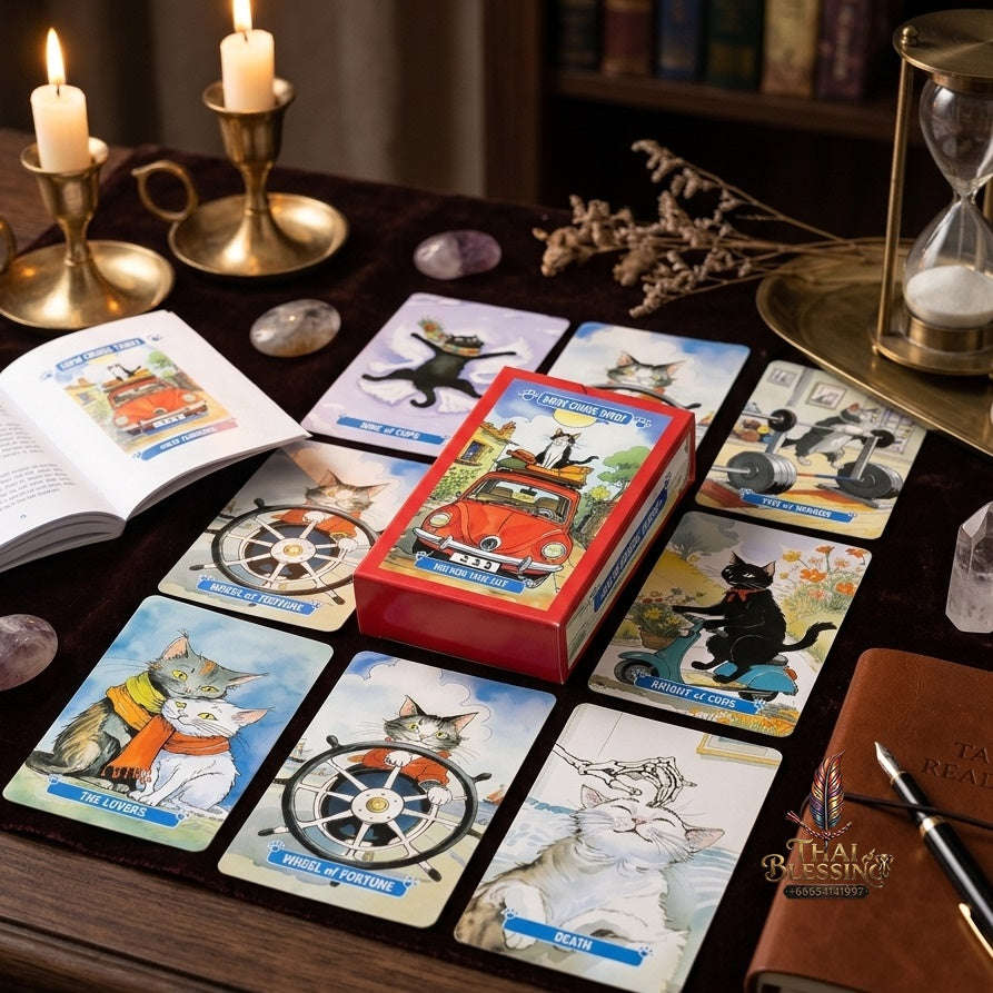 ✨ 10.3x6cm Mew Cruise Tarot Cards: 78 Tarot Cards with Cute Cat Watercolor Artwork & Divination Board Game for Cat Lovers & Beginners Thai Blessing Co By RURUECHA