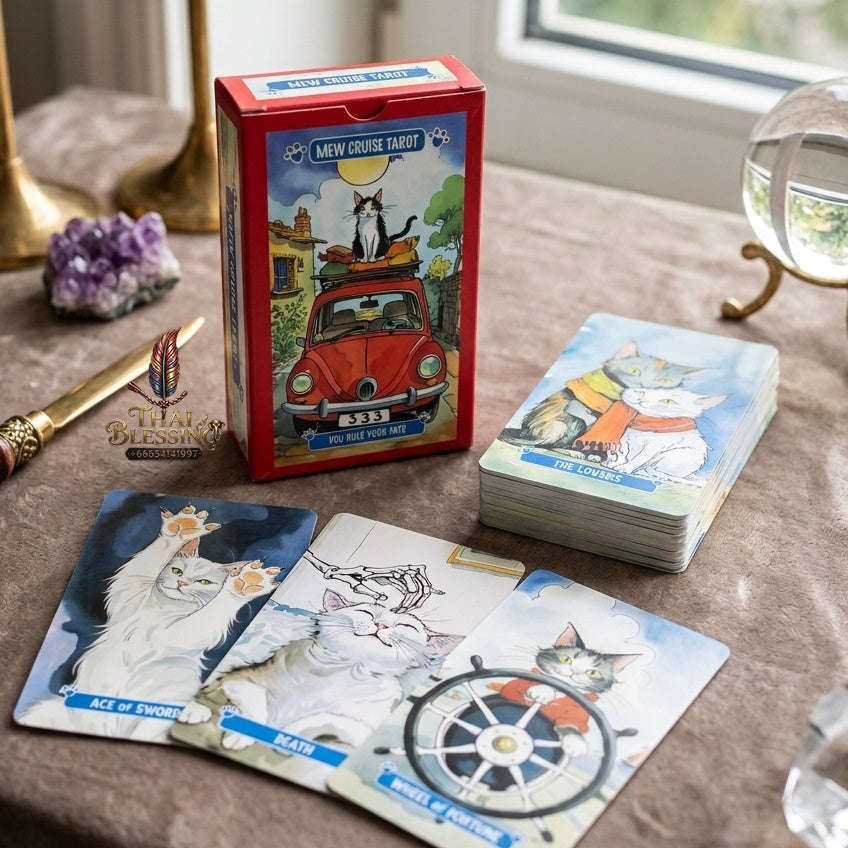✨ 10.3x6cm Mew Cruise Tarot Cards: 78 Tarot Cards with Cute Cat Watercolor Artwork & Divination Board Game for Cat Lovers & Beginners Thai Blessing Co By RURUECHA