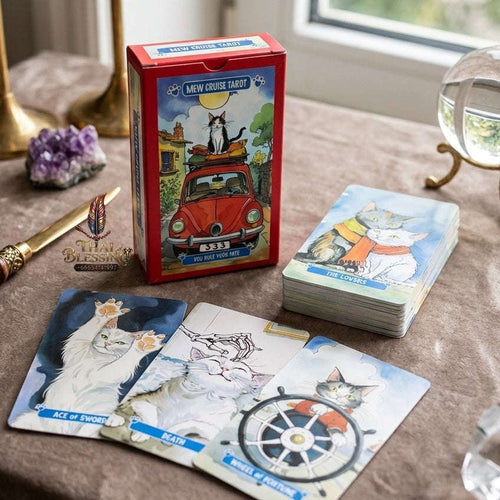 ✨ 10.3x6cm Mew Cruise Tarot Cards: 78 Tarot Cards with Cute Cat Watercolor Artwork & Divination Board Game for Cat Lovers & Beginners Thai Blessing Co By RURUECHA