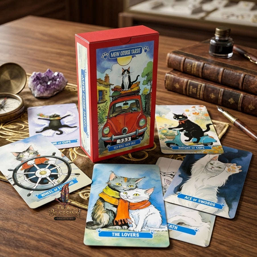 ✨ 10.3x6cm Mew Cruise Tarot Cards: 78 Tarot Cards with Cute Cat Watercolor Artwork & Divination Board Game for Cat Lovers & Beginners Thai Blessing Co By RURUECHA