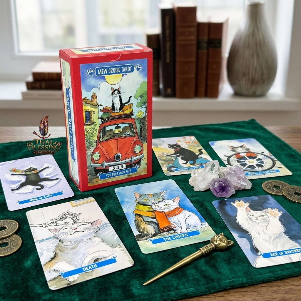 ✨ 10.3x6cm Mew Cruise Tarot Cards: 78 Tarot Cards with Cute Cat Watercolor Artwork & Divination Board Game for Cat Lovers & Beginners Thai Blessing Co By RURUECHA