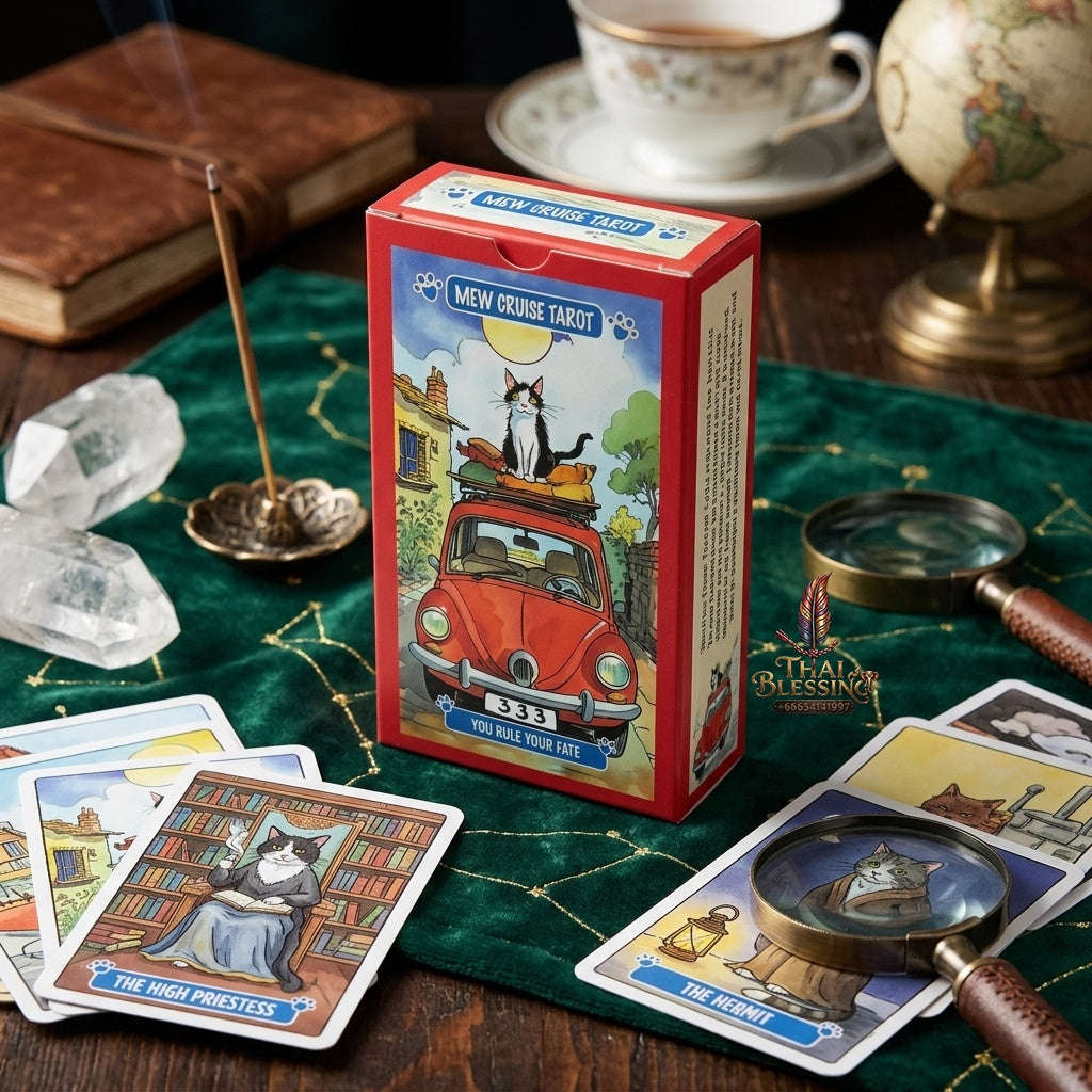 ✨ 10.3x6cm Mew Cruise Tarot Cards: 78 Tarot Cards with Cute Cat Watercolor Artwork & Divination Board Game for Cat Lovers & Beginners Thai Blessing Co By RURUECHA