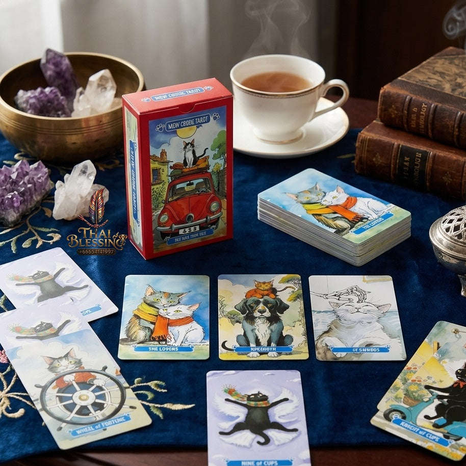 ✨ 10.3x6cm Mew Cruise Tarot Cards: 78 Tarot Cards with Cute Cat Watercolor Artwork & Divination Board Game for Cat Lovers & Beginners Thai Blessing Co By RURUECHA