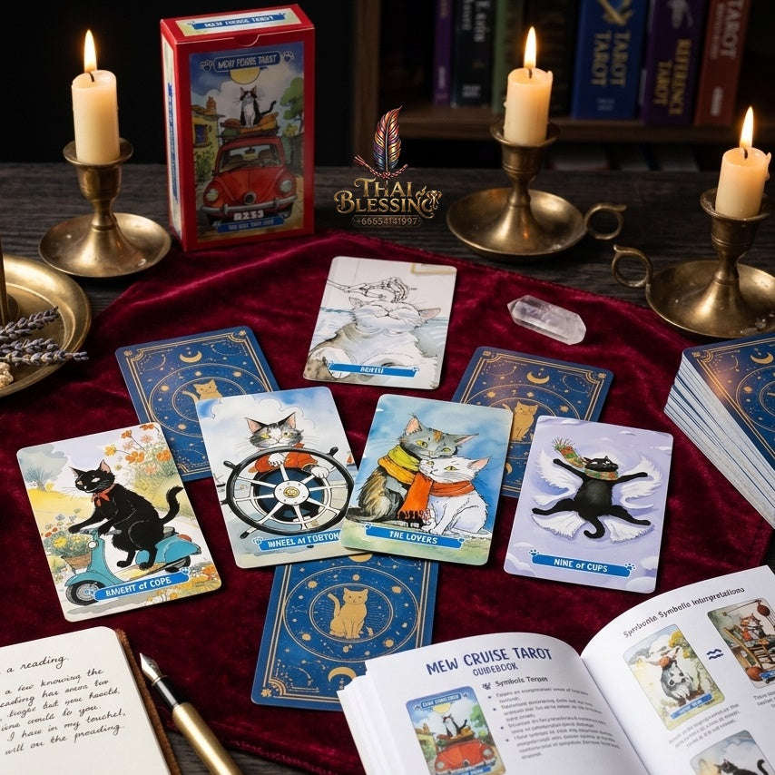 ✨ 10.3x6cm Mew Cruise Tarot Cards: 78 Tarot Cards with Cute Cat Watercolor Artwork & Divination Board Game for Cat Lovers & Beginners Thai Blessing Co By RURUECHA