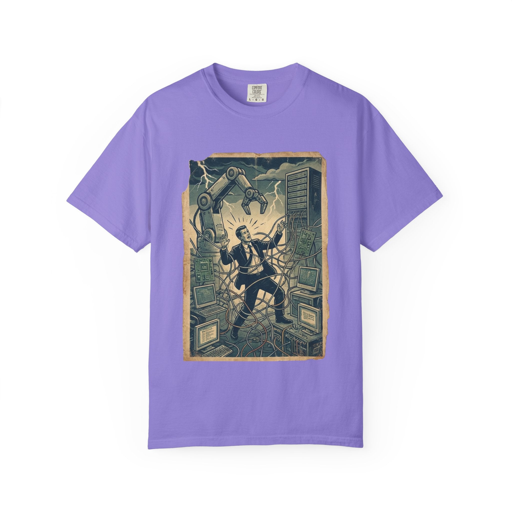 Vintage Dystopian Work Overload Shirt, Retro All-Seeing Eye Tee, Corporate Burnout Graphic, Dark Academia Aesthetic, Gift for Tech Workers, Philosophy Satire Unisex T-Shirt Violet