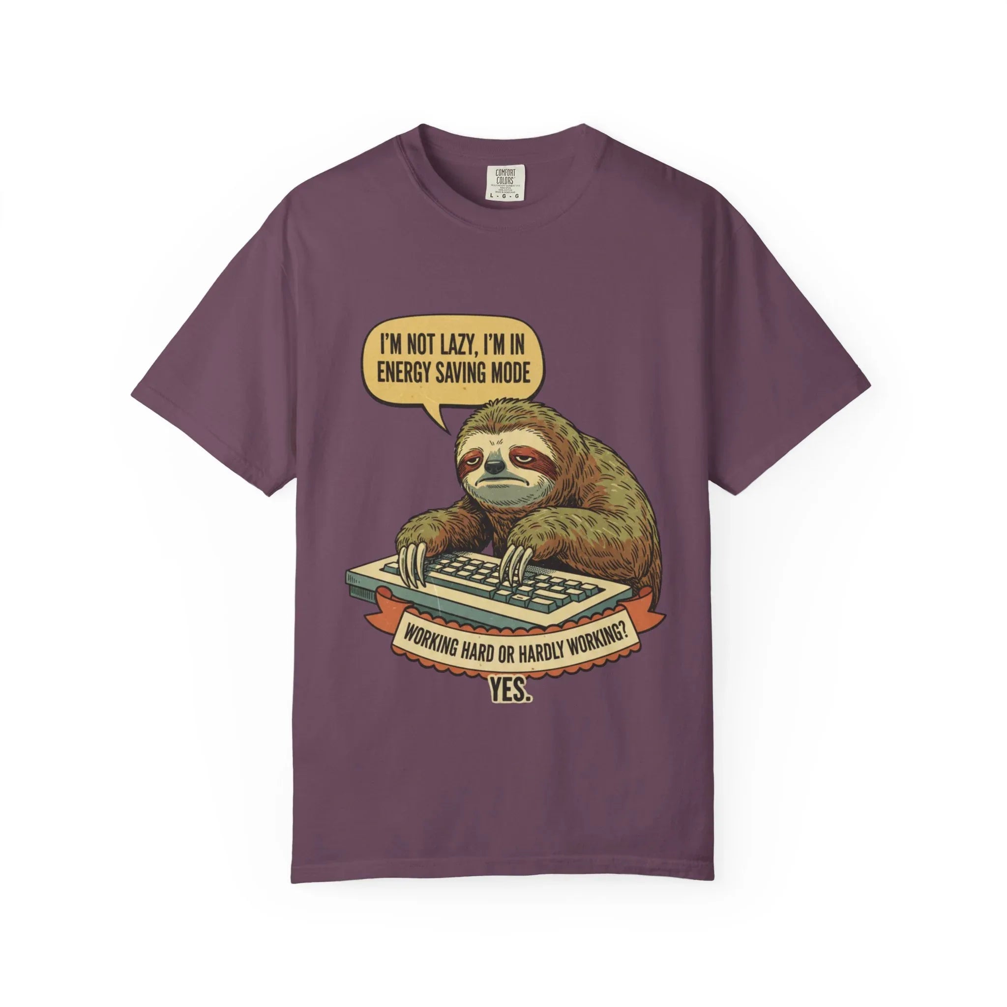 Funny Sloth Shirt - "I'm In Energy Saving Mode" Office Humor Tee - Programmer T-Shirt - Lazy Animal Lover Gift - Retro Style Sloth Graphic Tee Berry M