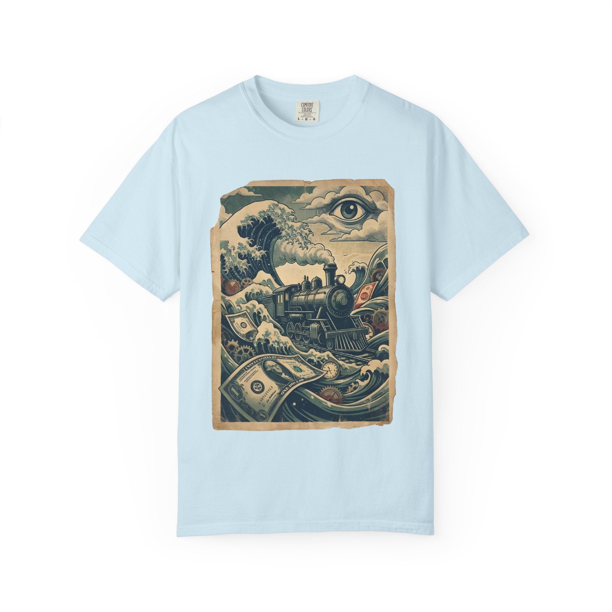 Financial Tsunami T-Shirt - Steam Train Economic Crisis Tee - Vintage Surrealist Satire Shirt - Sarcastic Money Wave Graphic Chambray
