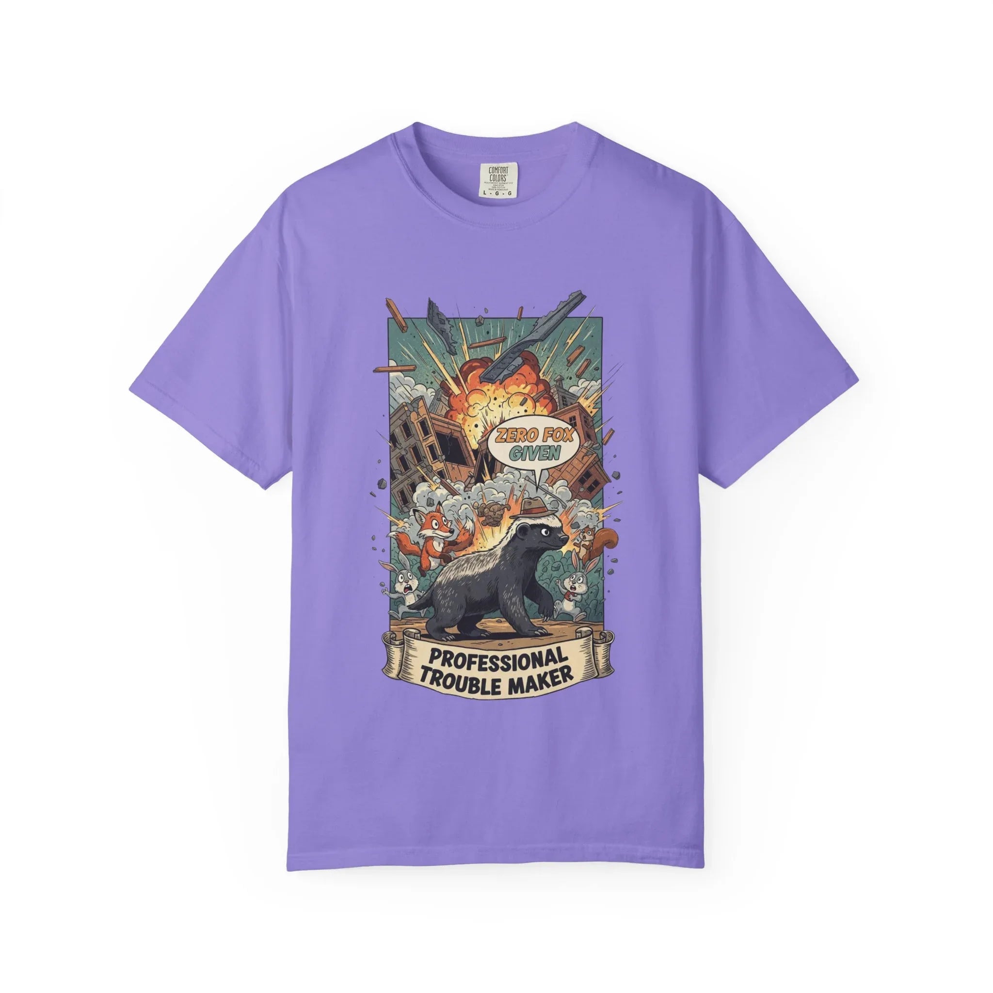 Funny Honey Badger Shirt - "Zero Fox Given" Hoodie - Professional Trouble Maker Tee - Retro Comic Style Graphic - Cool Animal Meme Gift for Sarcastic Men & Women Violet