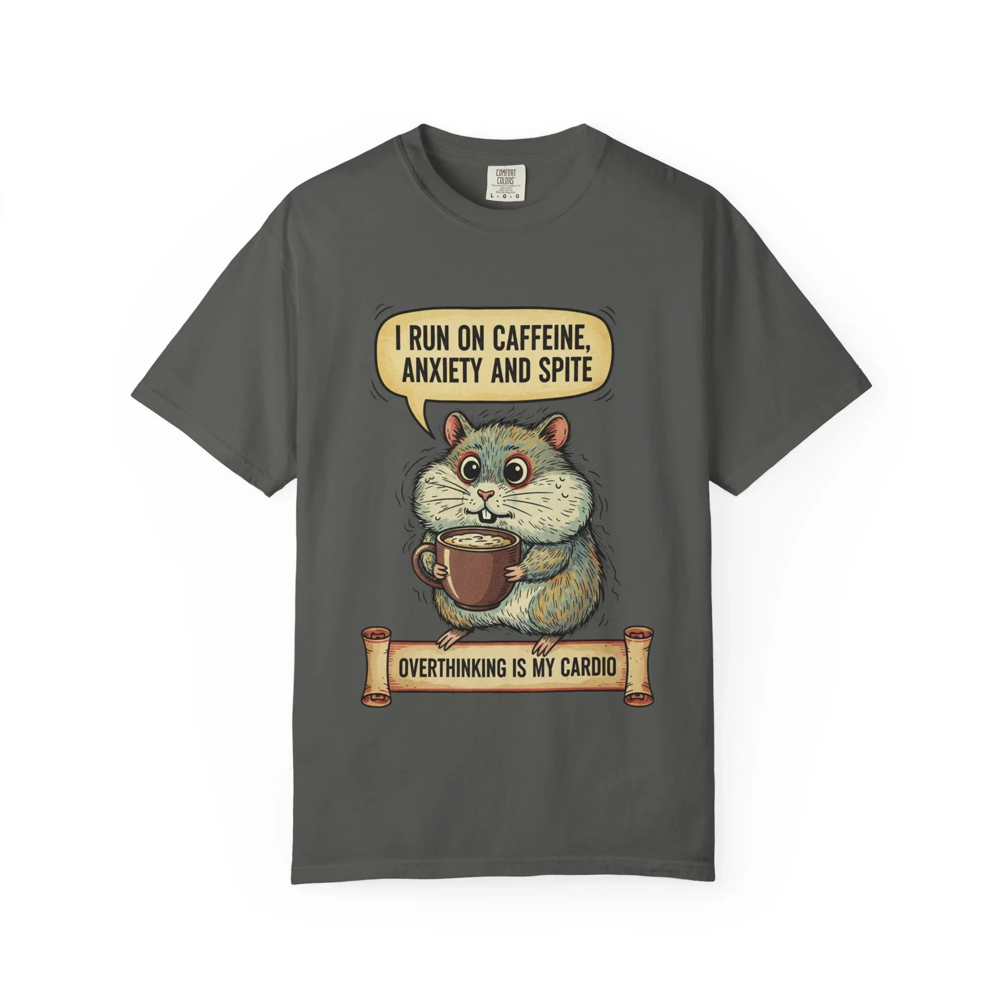 Funny Hamster Coffee Shirt - "Overthinking is My Cardio" T-Shirt - Caffeine Anxiety and Spite Gift - Sarcastic Mental Health Tee - Retro Jittery Hamster Graphic Top Pepper