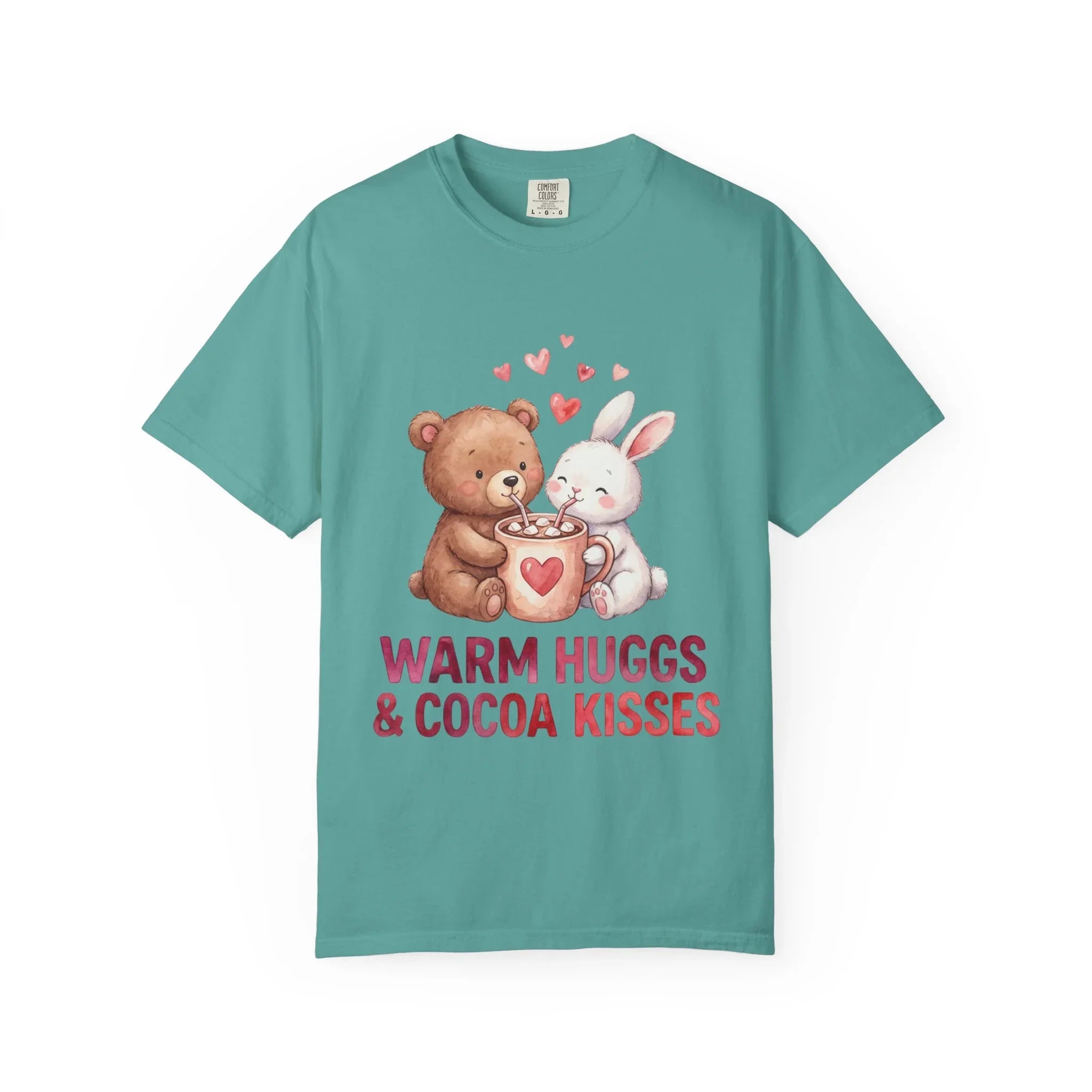 Warm Hugs and Cocoa Kisses T-Shirt | Bear Bunny Hot Cocoa Design | Cozy Winter Valentine Gift | Soft Vintage Aesthetic Tee Seafoam