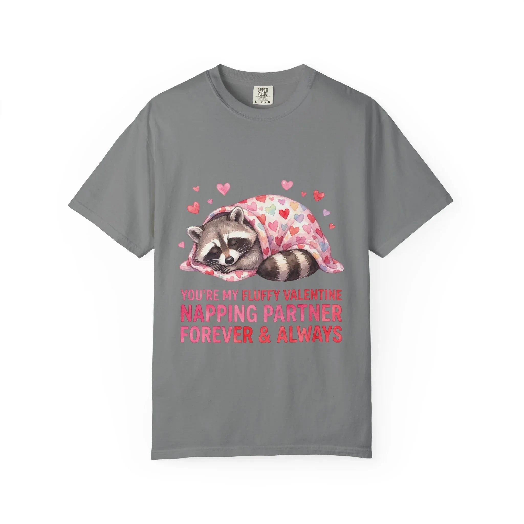 Sleeping Raccoon Valentine T Shirt Fluffy Napping Partner Forever Watercolor Cozy Vintage Aesthetic Gift Animal Lovers Soft Cotton Romantic Grey