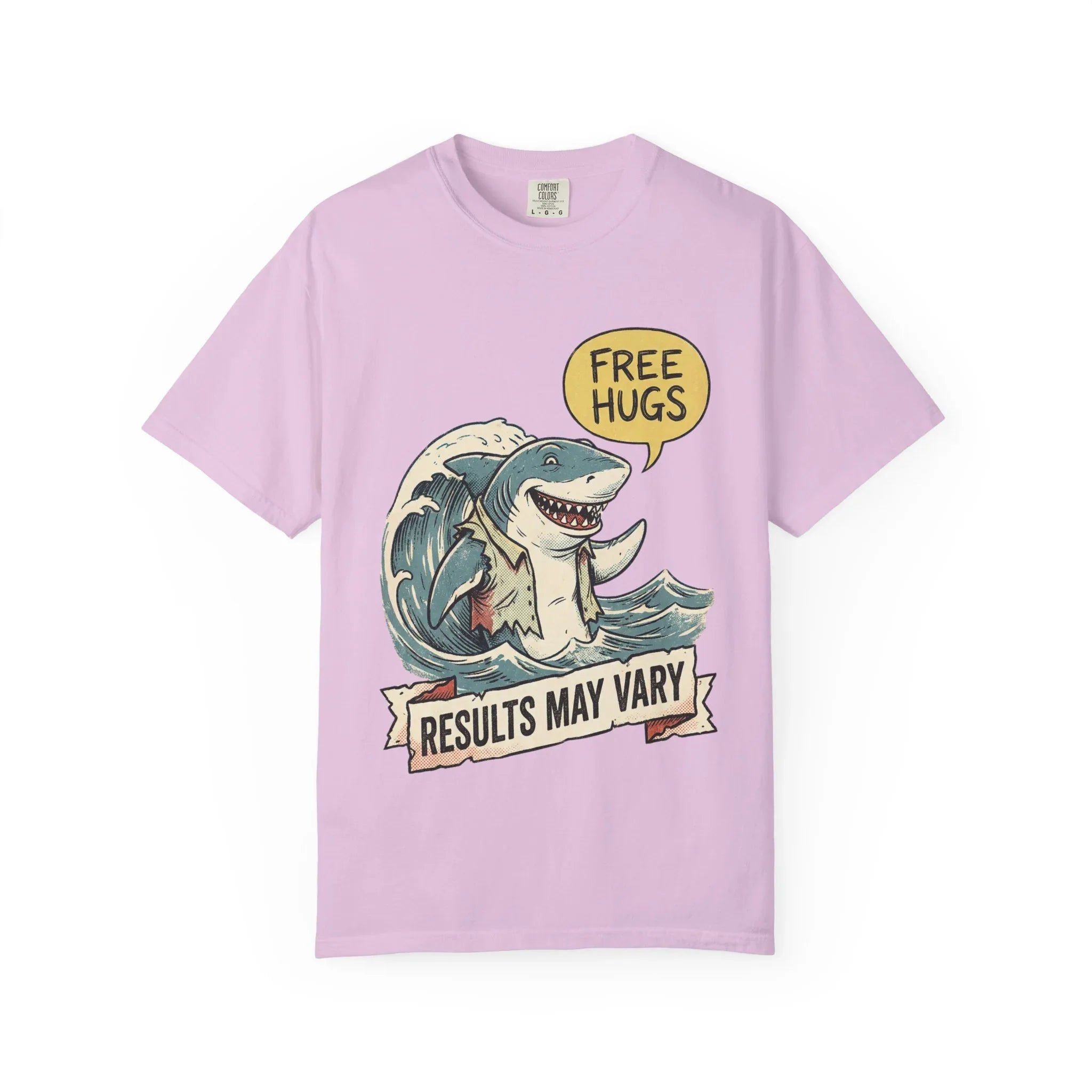Vintage Shark Shirt - Funny "Free Hugs" T-Shirt - Dark Humor Gift - Retro Graphic Tee - Sarcastic Ocean Lover Top - Grunge Style Animal Apparel Orchid