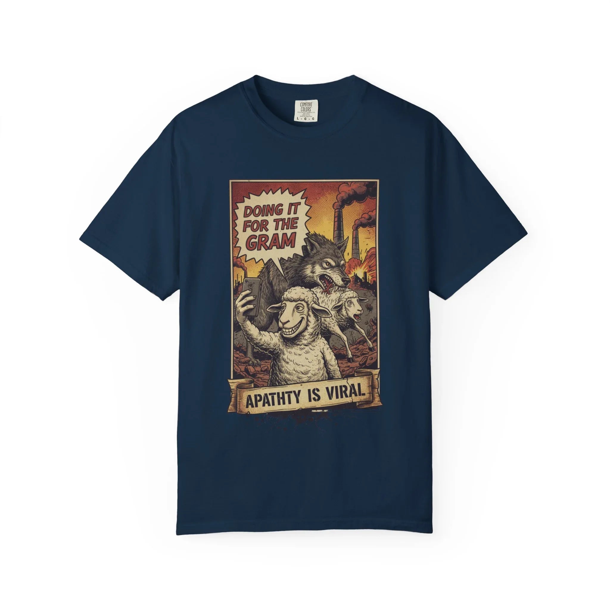 Doing It For The Gram Vintage Shirt - Satirical Wolf and Sheep Graphic Tee - Retro Social Media Irony T-Shirt - 1950s Propaganda Style Dark Humor - Unapologetic Social Critique Apparel True Navy