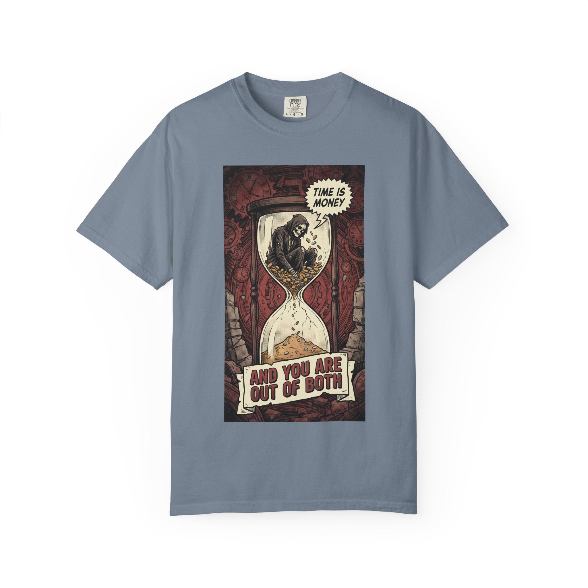 Time Is Money Shirt, Out of Both Grim Reaper Tee, Sarcastic Financial Satire Shirt, Vintage Grunge Hourglass Apparel, Dark Humor Philosophy Gift Blue Jean