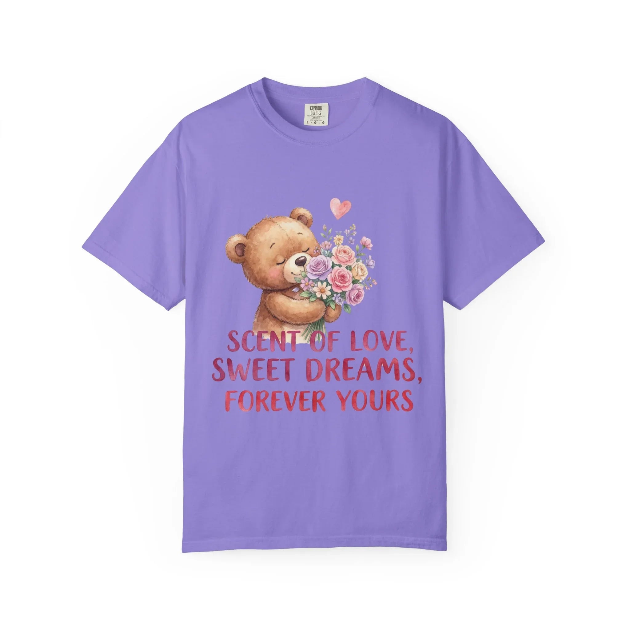 Teddy Bear with Bouquet T-Shirt | Scent of Love Sweet Dreams Forever Yours | Cute Valentine Gift | Cozy Soft Vintage Aesthetic Tee Violet