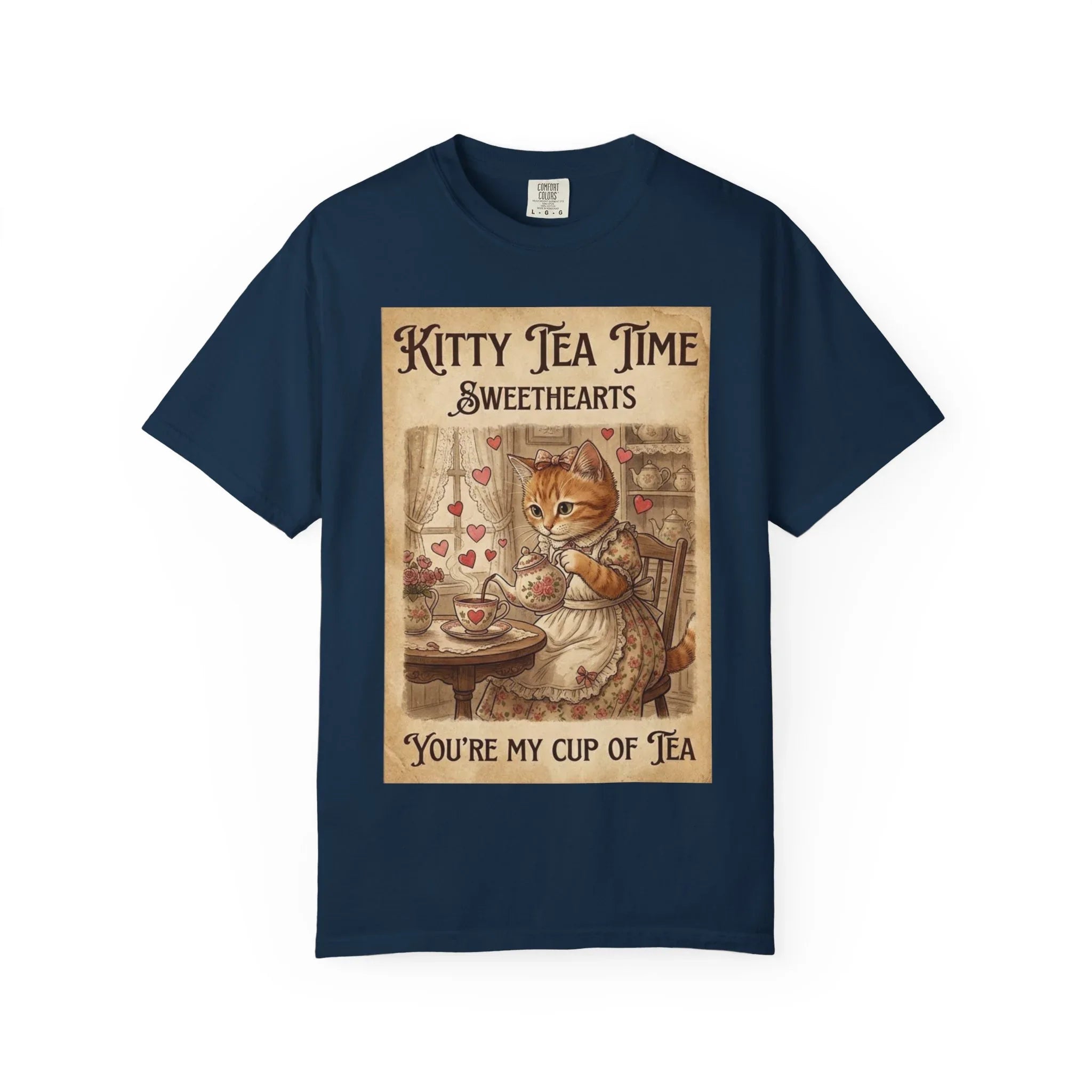 Kitty Tea Time T-Shirt | Vintage Cat Youre My Cup of Tea Graphic Tee | Retro Cozy Cat Lover Gift Shirt True Navy
