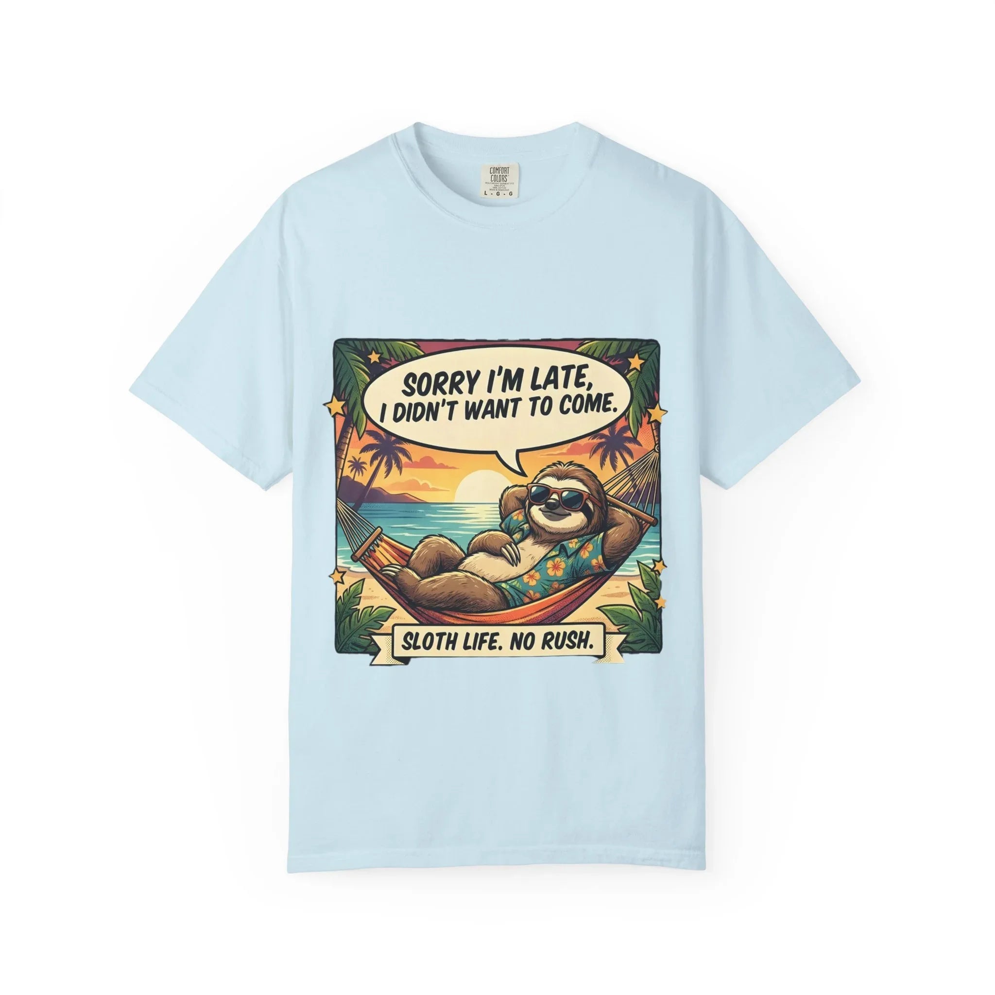 Sorry Im Late Sloth Hammock T-Shirt | Sloth Life No Rush Tee | Beach Chill Humor Gift | Vintage Tropical Lazy Shirt Chambray