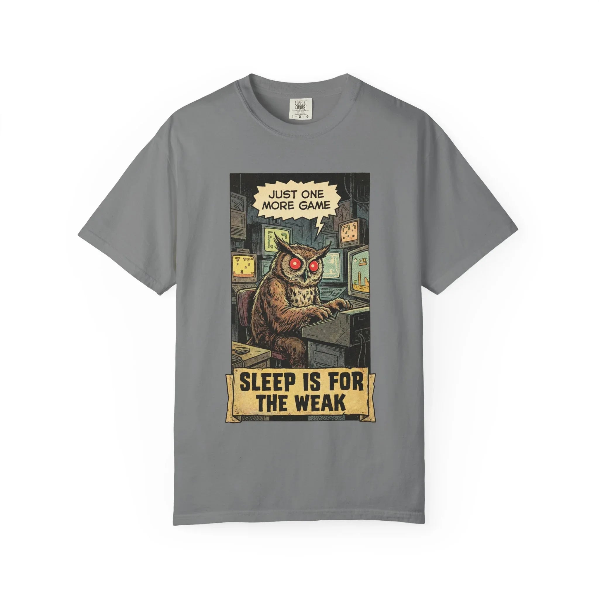 Funny Gamer Owl Shirt - "Just One More Game" Retro T-Shirt - Sarcastic Sleep is for the Weak Graphic Tee - Vintage Night Owl Gaming Gift - Gamer Husband & Boyfriend Gift Grey