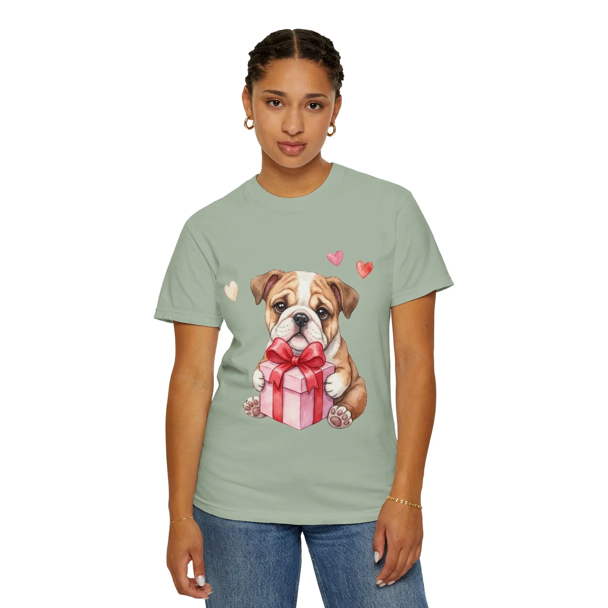 Bulldog Puppy with Gift T-Shirt | Cute Dog Valentine Hearts | Cozy Pet Lover Gift | Soft Vintage Aesthetic Dog Tee