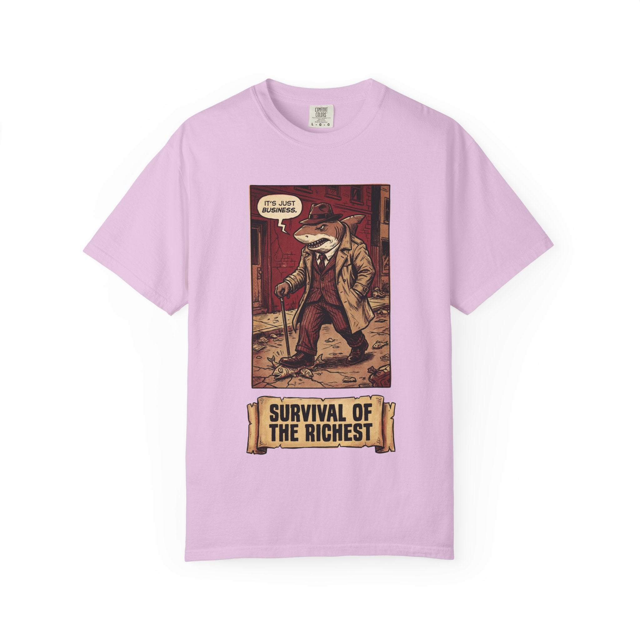 Survival of the Richest Shirt Vintage Business Shark Tee Retro Comic Style Satirical Graphic Top Dark Humor Mafia Art Gift Orchid