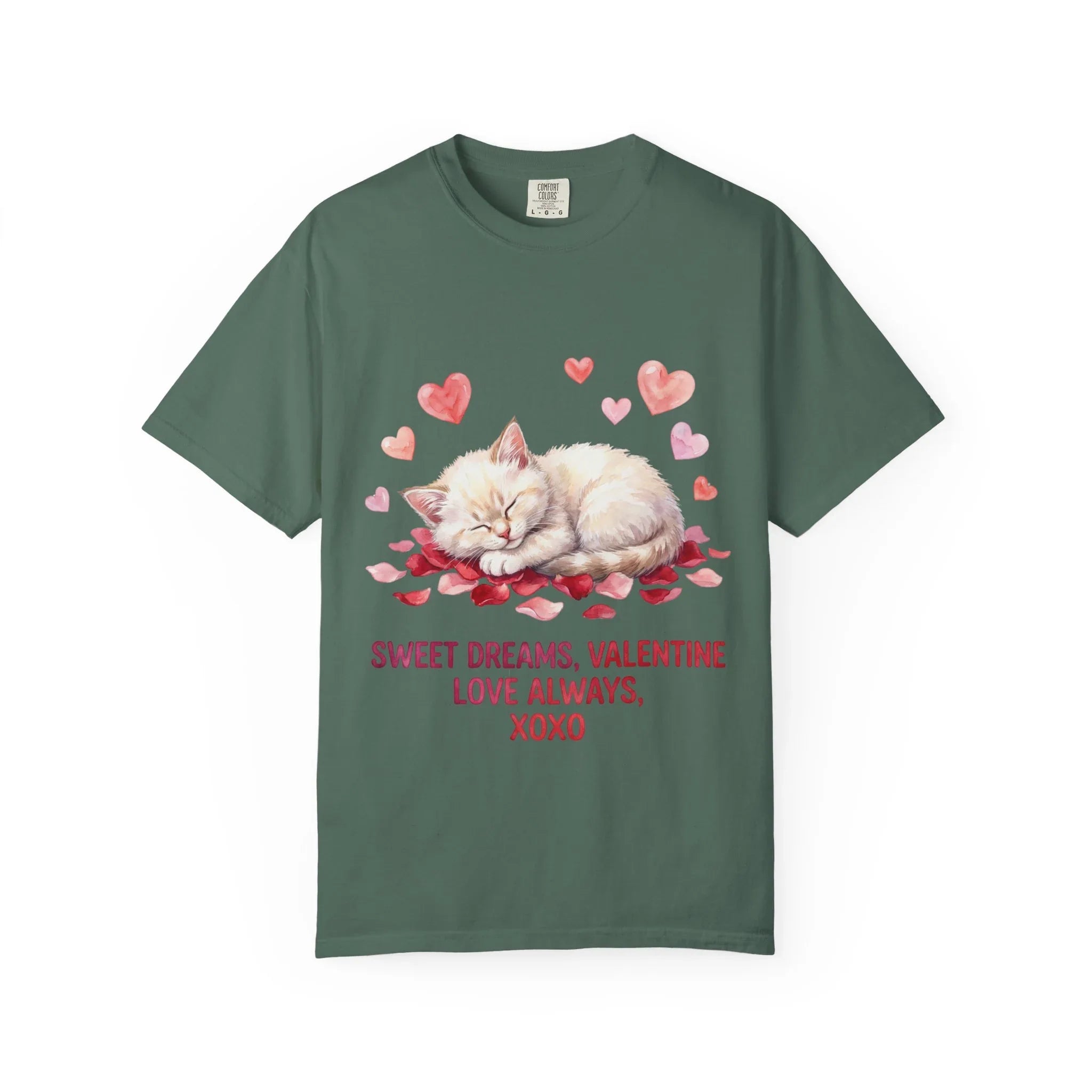 Sweet Dreams Valentine Kitten T Shirt Cute Sleeping Cat Hearts Watercolor Cozy Aesthetic Gift for Cat Lovers Soft VintageCotton Romantic Tee Blue Spruce