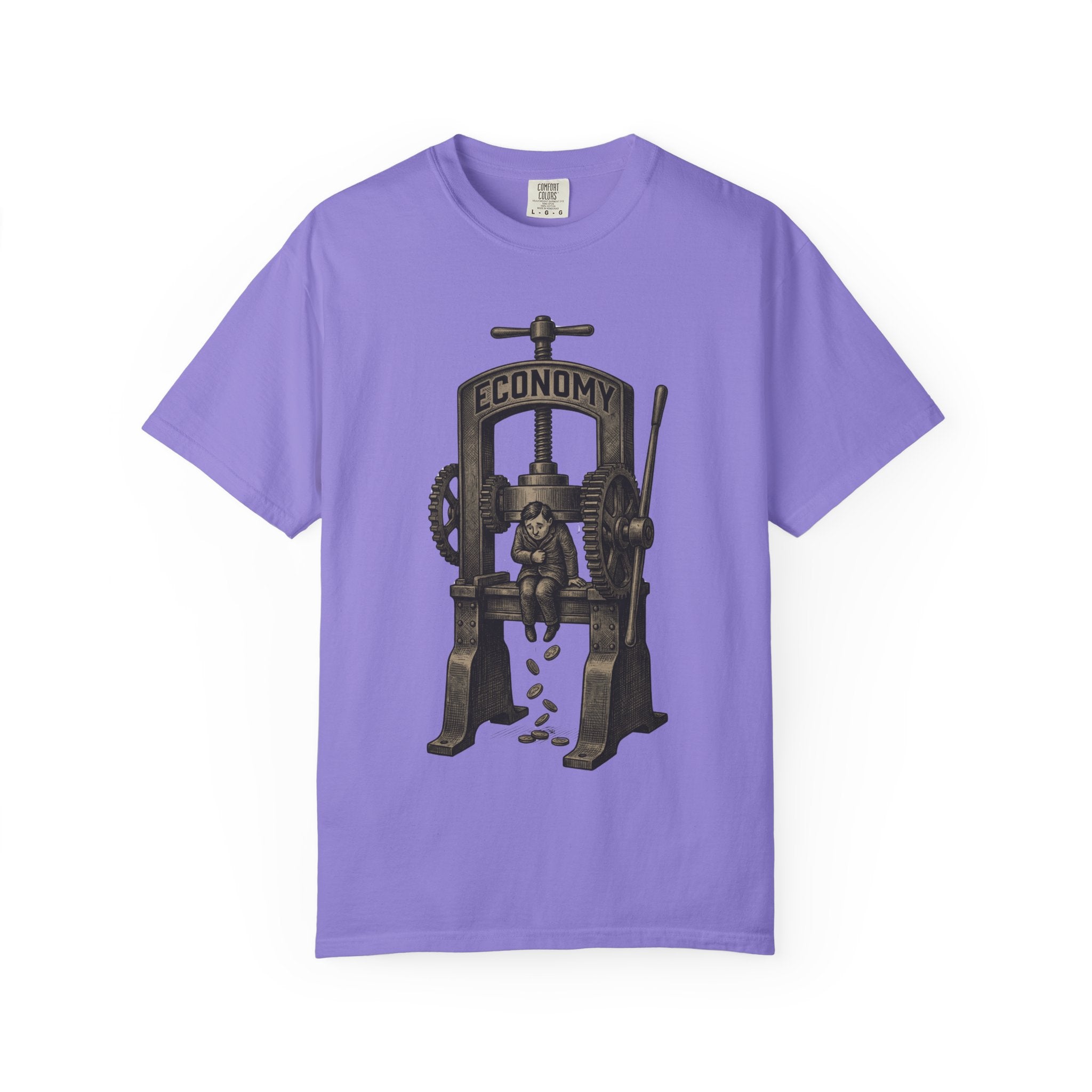 Vintage "ECONOMY" Press T-Shirt | Retro Industrial Satire Graphic Tee | Hand-Drawn Woodcut Style Socio-Economic Statement Shirt Violet