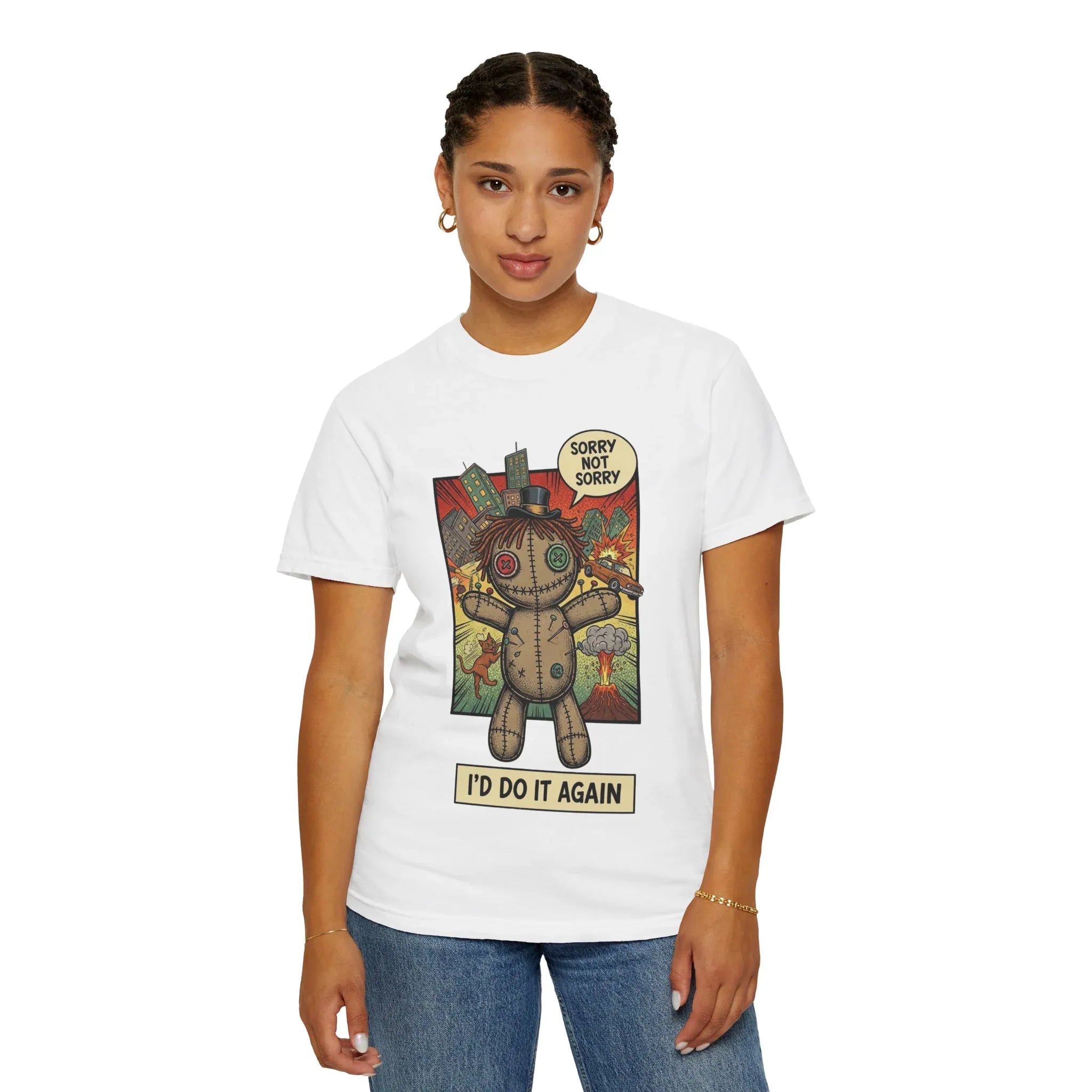 Funny Voodoo Doll Sarcastic Shirt - Retro Comic Dark Humor Graphic Tee - "I'd Do It Again" Sorry Not Sorry Unapologetic Mood T-Shirt - Vintage Garment-Dyed Streetwear