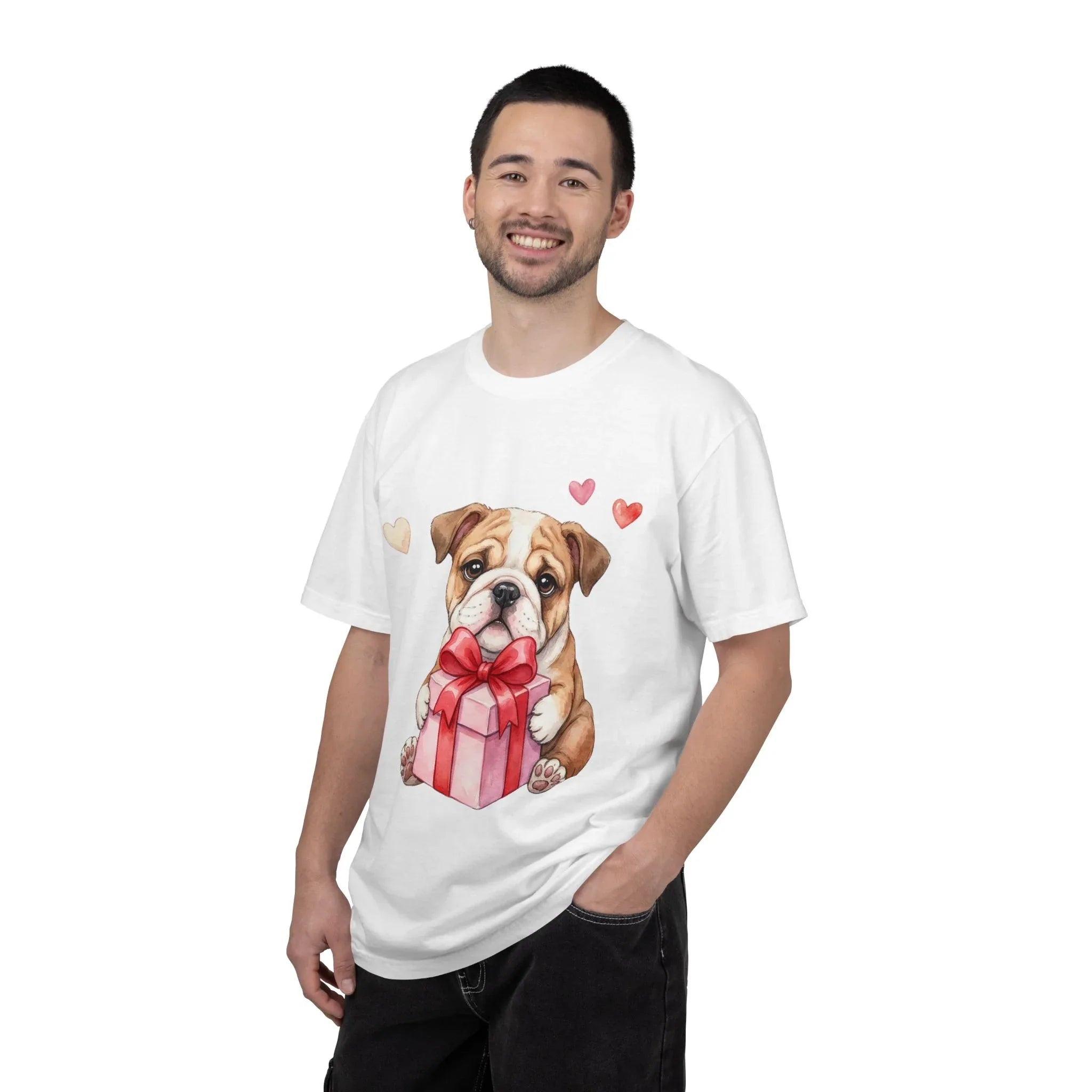 Bulldog Puppy with Gift T-Shirt | Cute Dog Valentine Hearts | Cozy Pet Lover Gift | Soft Vintage Aesthetic Dog Tee