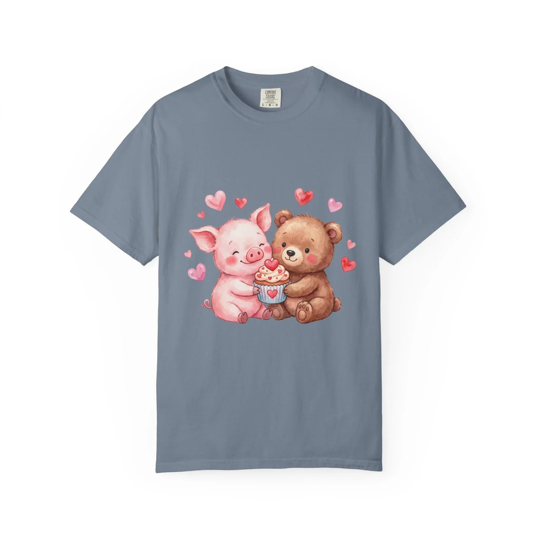 Cute Pig Bear Heart Cup Valentine T Shirt Watercolor Cozy Vintage Aesthetic Gift Animal Lovers Soft Cotton Romantic Tee Blue Jean