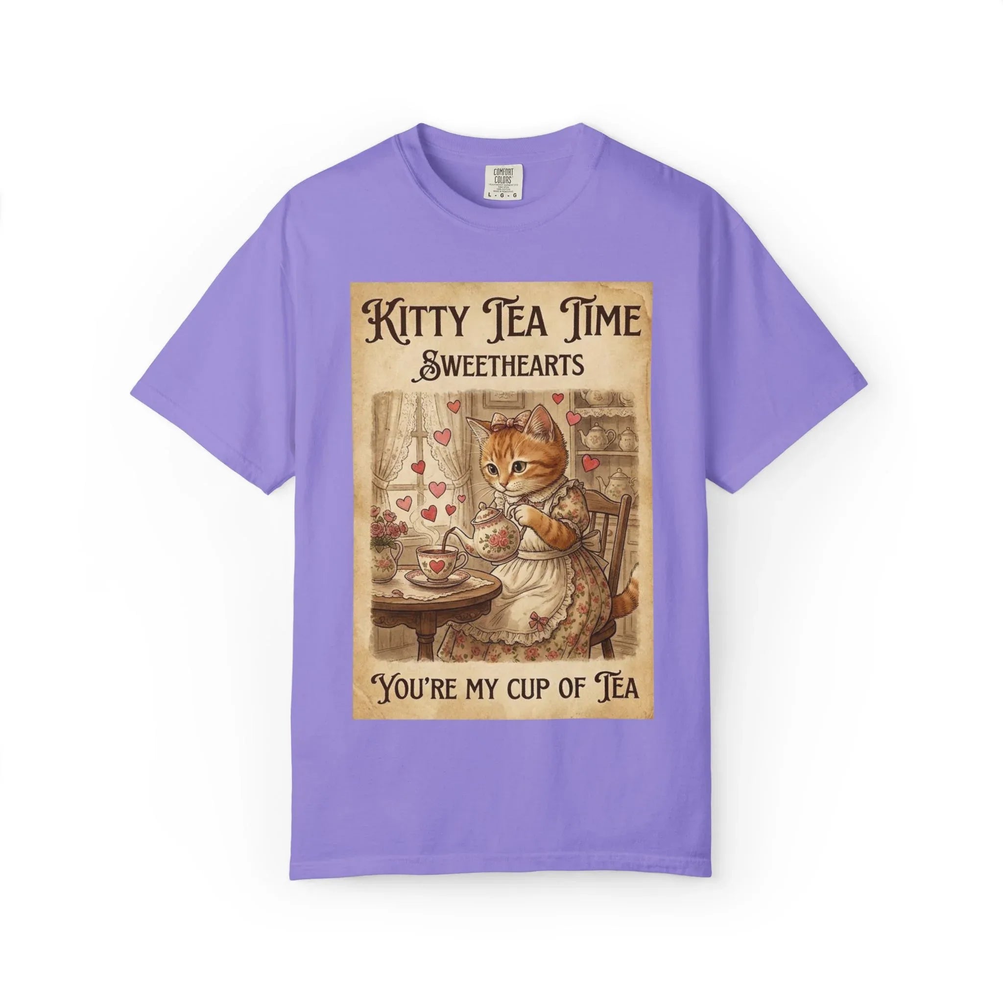 Kitty Tea Time T-Shirt | Vintage Cat Youre My Cup of Tea Graphic Tee | Retro Cozy Cat Lover Gift Shirt Violet