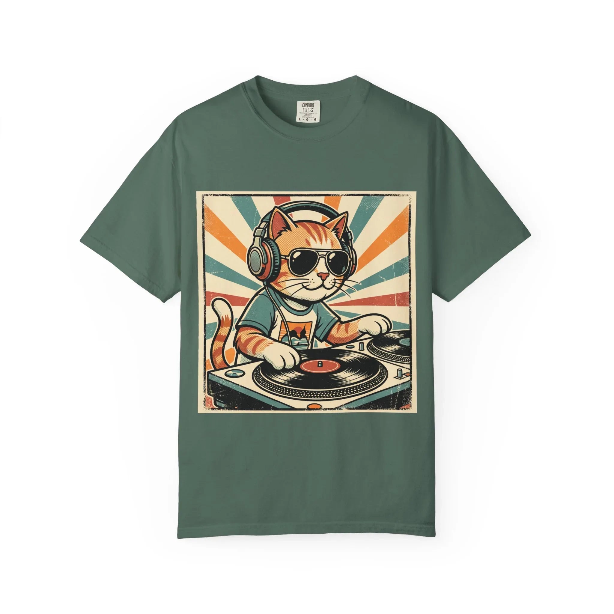 DJ Cat Shirt, Retro Sunburst Turntables Tee, Funny Vinyl Music T-Shirt, Cat DJ Graphic, Festival Rave Outfit, Music Lover Gift Blue Spruce