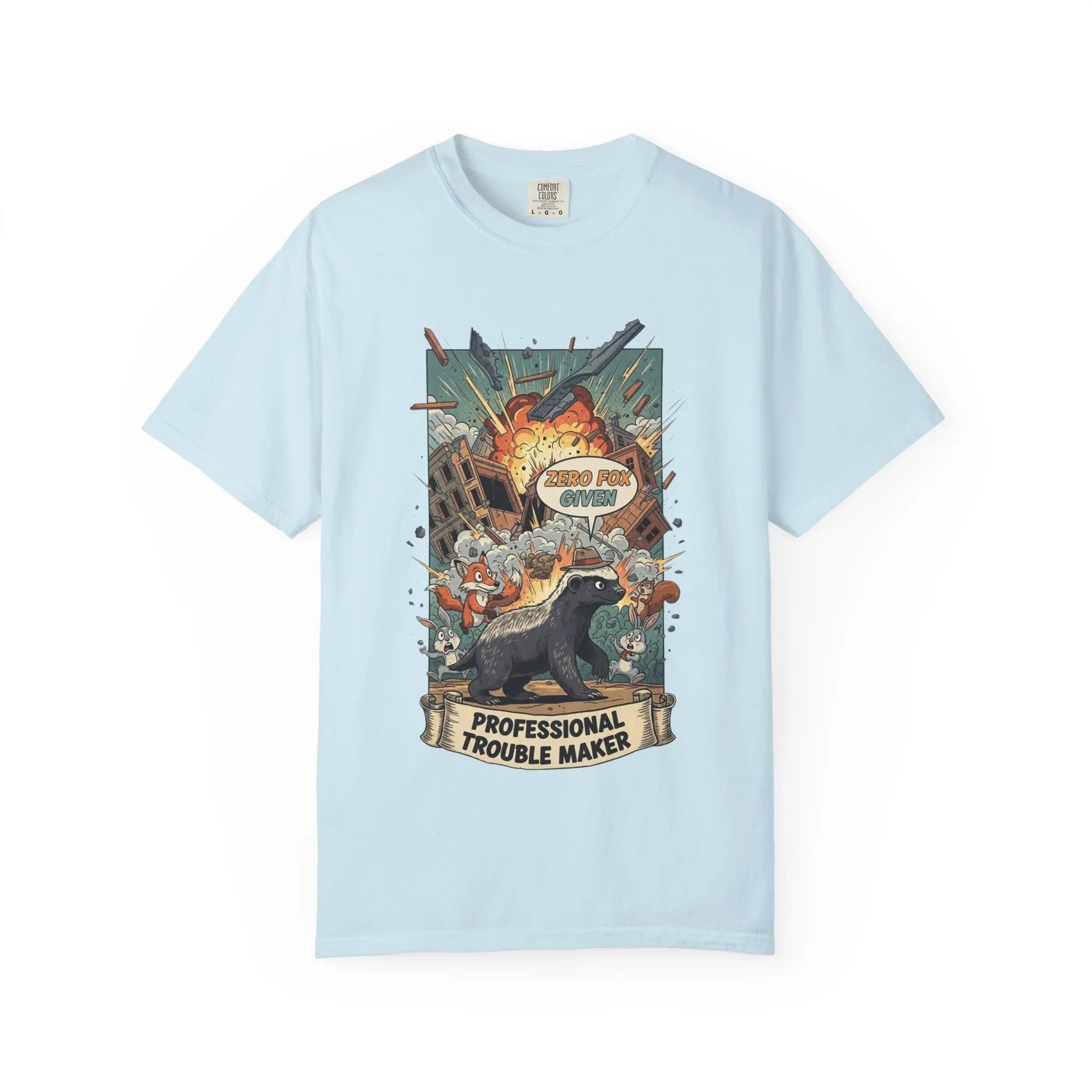 Funny Honey Badger Shirt - "Zero Fox Given" Hoodie - Professional Trouble Maker Tee - Retro Comic Style Graphic - Cool Animal Meme Gift for Sarcastic Men & Women Chambray