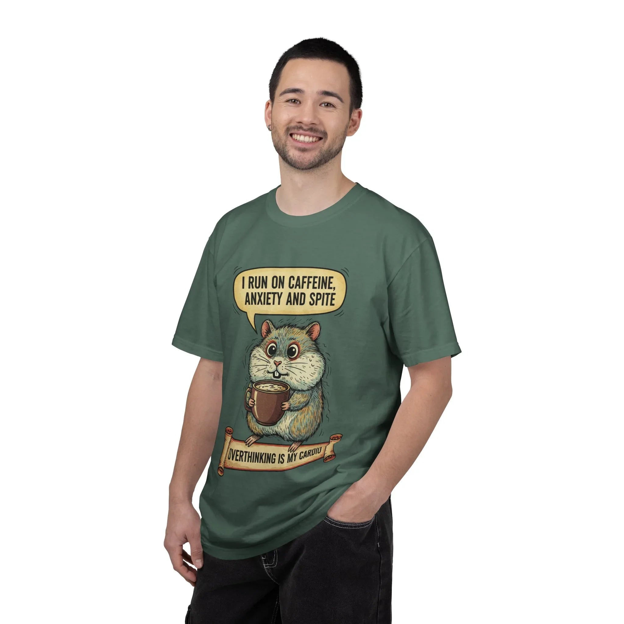 Funny Hamster Coffee Shirt - "Overthinking is My Cardio" T-Shirt - Caffeine Anxiety and Spite Gift - Sarcastic Mental Health Graphic Tee - Retro Jittery Hamster Overthinker Gift