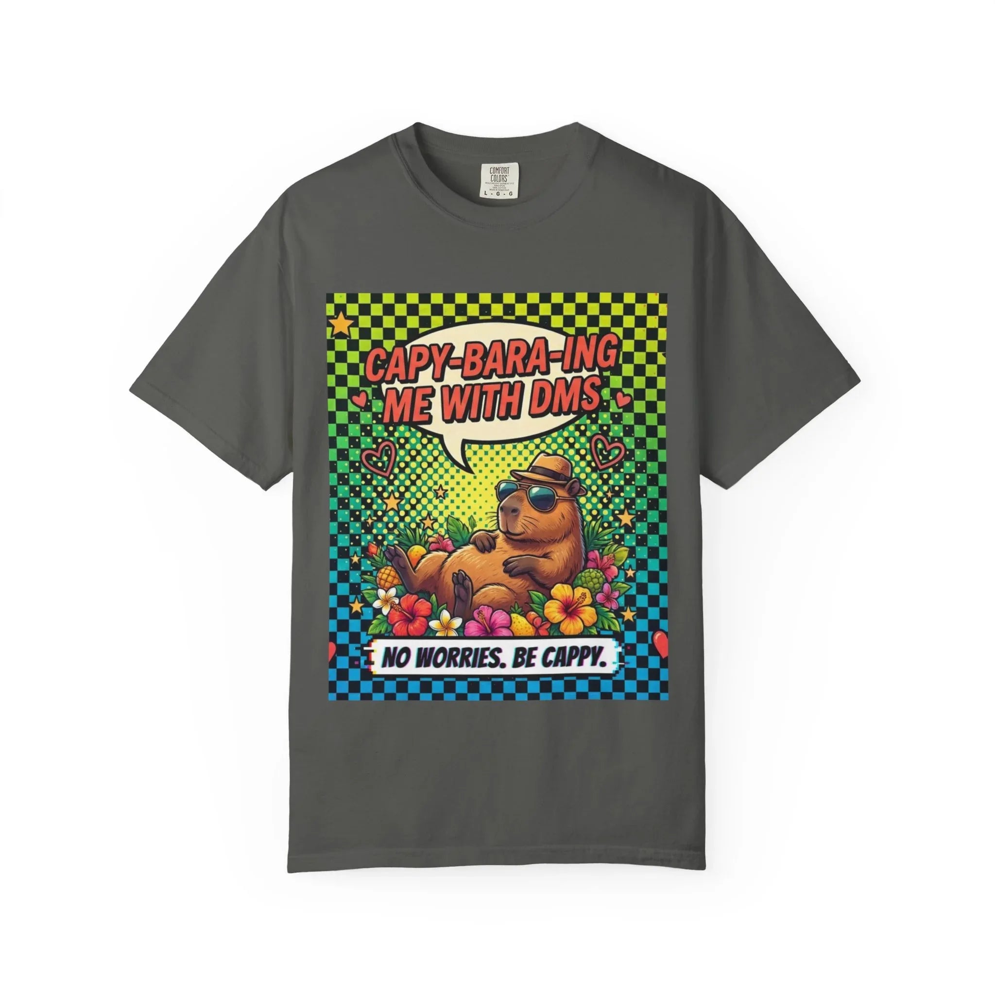 Capybara Relaxing Cartoon T-Shirt | Capy-bara-ing Me With DMs Tee | No Worries Be Cappy | Viral Meme Humor Gift Shirt Pepper