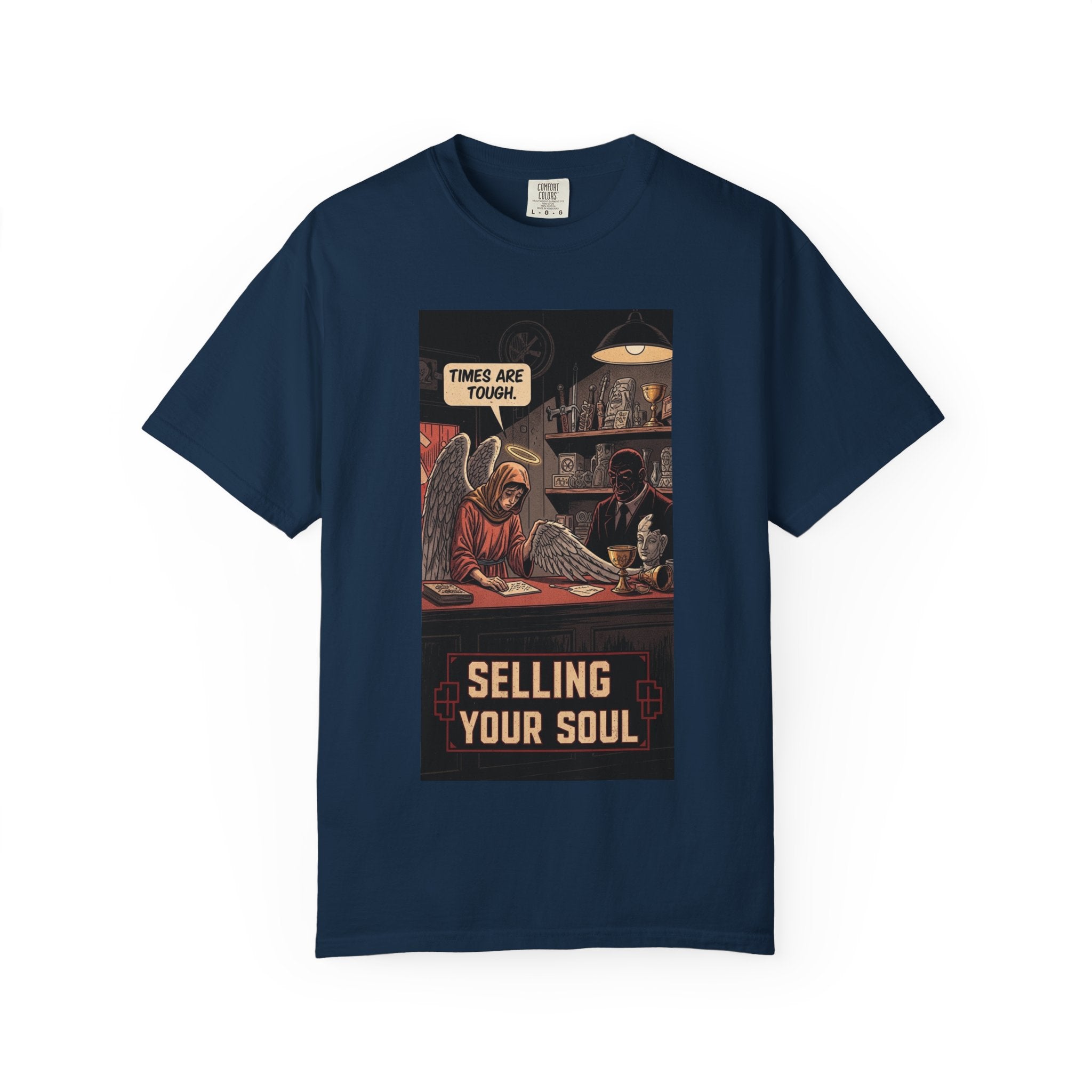 Selling Your Soul Shirt - Vintage Pawn Shop Satire Tee - Angel Social Commentary T-Shirt - Dark Humor Philosophy Gift - Retro Comic Graphic Apparel True Navy