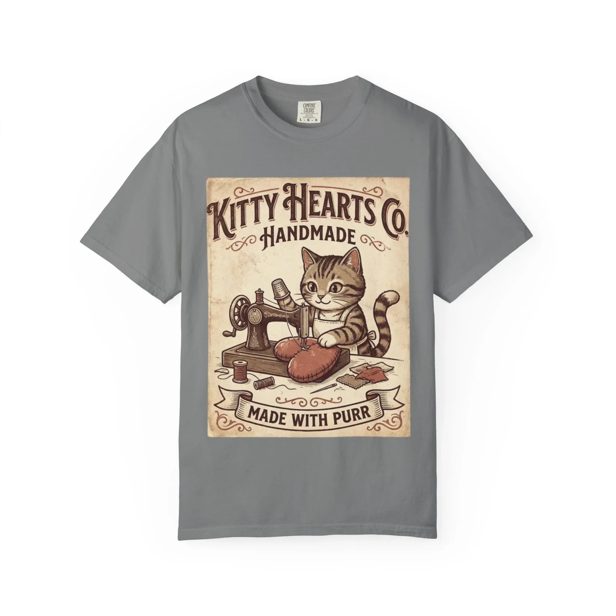 Kitty Hearts Co T-Shirt | Vintage Handmade Cat Sewing Made With Purr Graphic Tee Grey